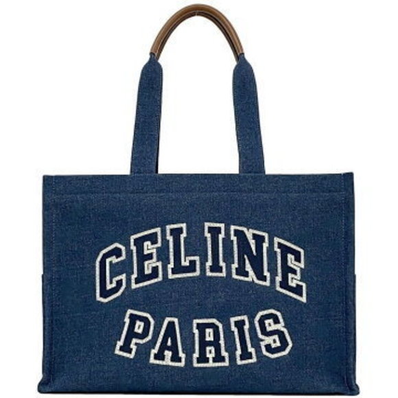 Celine Cabas Tote Bag Blue Denim Leather Embroidery Document - Picture 1 of 9